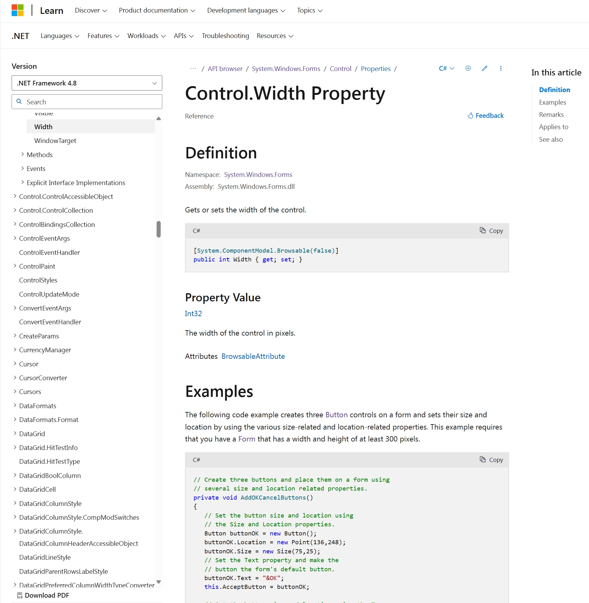 screenshot of the .NET API browser interface