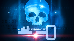 digital art of a skull, a key, and the word ransomware