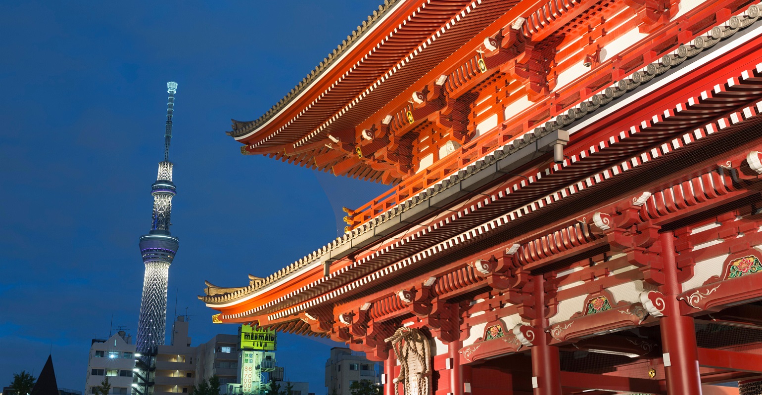 Senso-ji temple and Skytree Tower at night, Asakusa, Tokyo