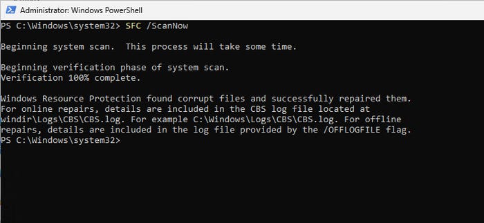 Screenshot of System File Checker showing that it found corrupt or missing Windows system files