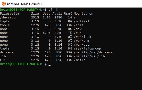 Ubuntu screenshot of DF command shows data about filesystem, size, used, available, used percentage, and mounted on