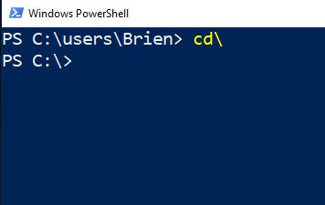 PowerShell screen shows the use of CD to go to root directory