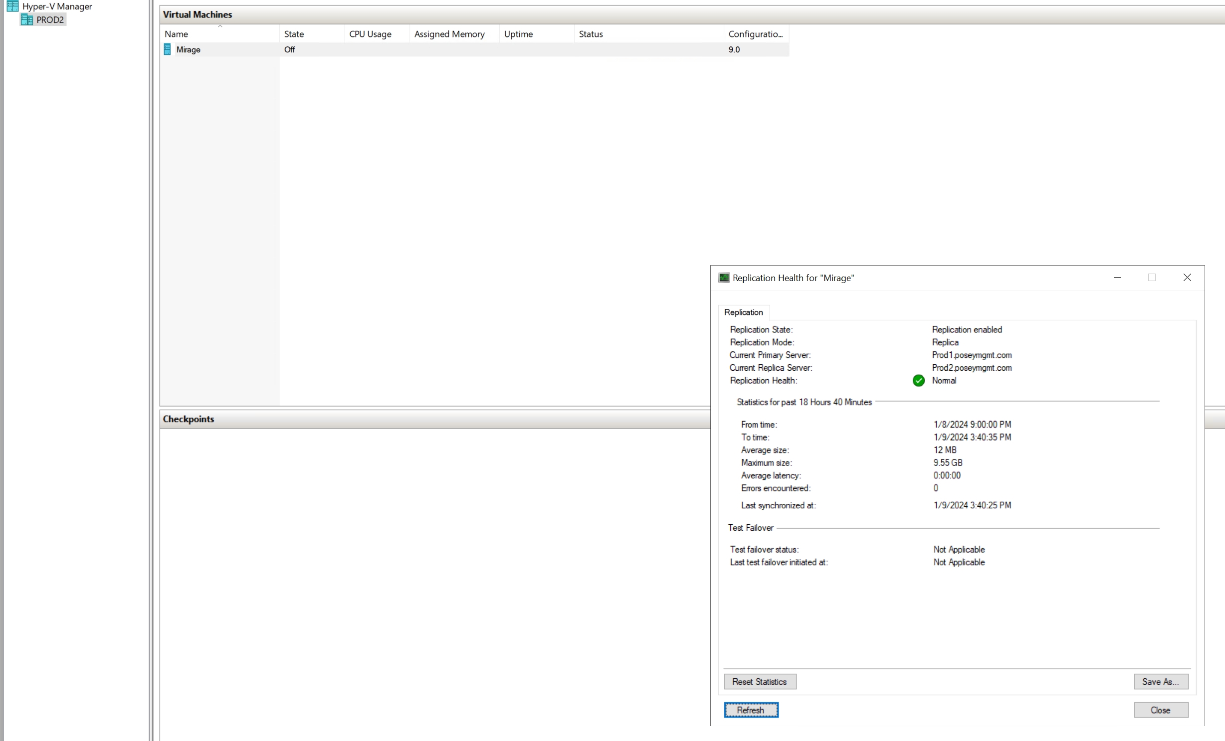 the Hyper-V Manager console shows that the Hyper-V replication is healthy