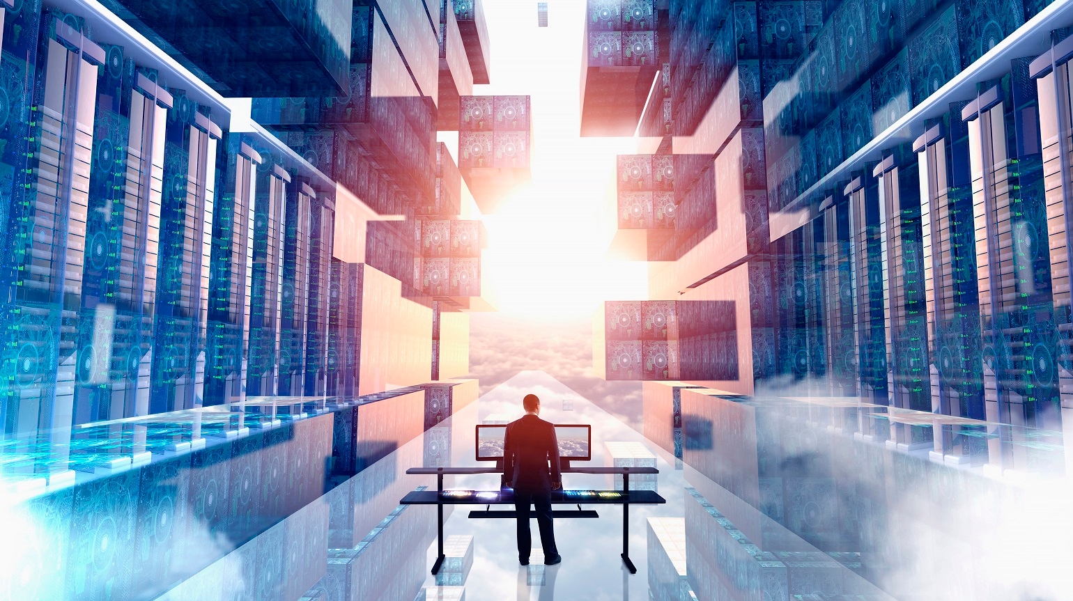 Businessman using computer in virtual server room