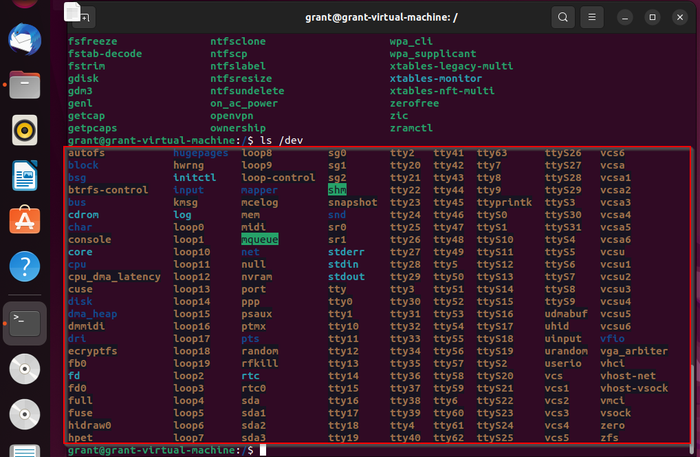 shows the contents of the /dev directory shows the contents of the /dev directory