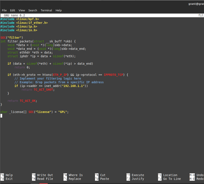 screenshot of network packet filtering eBPF program developed in Nano screenshot of network packet filtering eBPF program developed in Nano