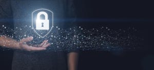 Hand holds a padlock hologram Hand holds a padlock hologram