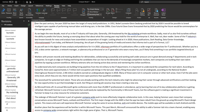 Microsoft document changes comparison transcription and script word transcribe in word