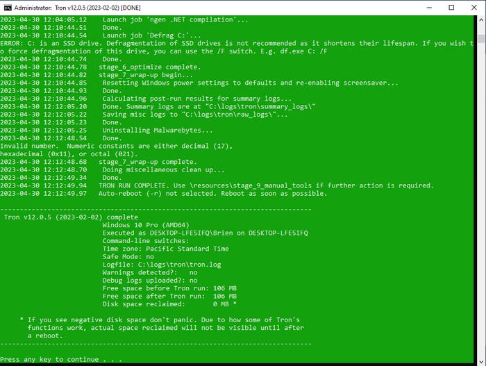 Screenshot of Tron Script when completed Screenshot of Tron Script when completed
