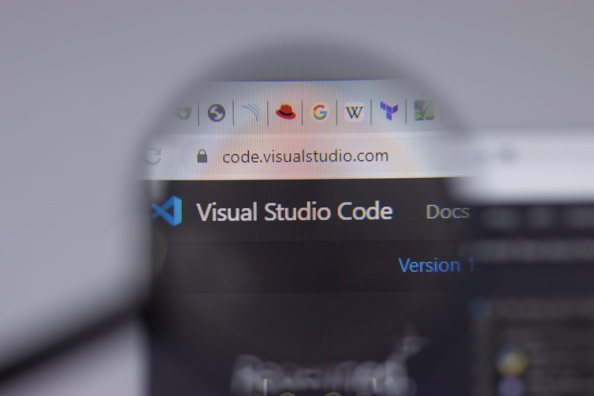 Visual Studio Code logo close-up on website page Visual Studio Code logo close-up on website page