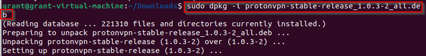 shows Linux command to extract and install the ProtonVPN package