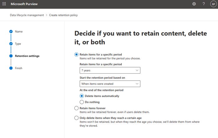 On Microsoft Purview, option to retain items for a specific period is selected