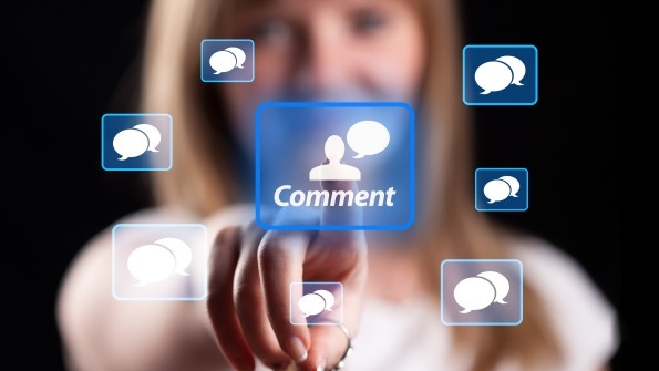 woman pointing at digital widgets of social media comment woman pointing at digital widgets of social media comment