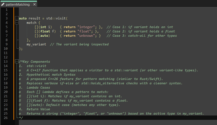 The use of the proposed new pattern matching functionality in C++ 26 The use of the proposed new pattern matching functionality in C++ 26