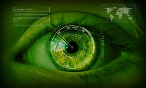 An green tinted image with an eye and global map for security checks