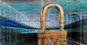 A padlock created from computer circuitry is composed over an information technology background