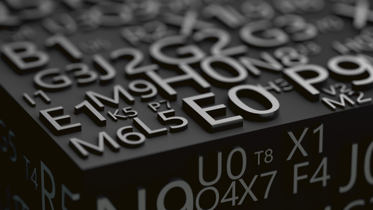 3D illustration of numbers and letters in black 3D illustration of numbers and letters in black