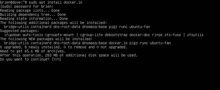 screenshot shows Sudo apt install docker.io command and result