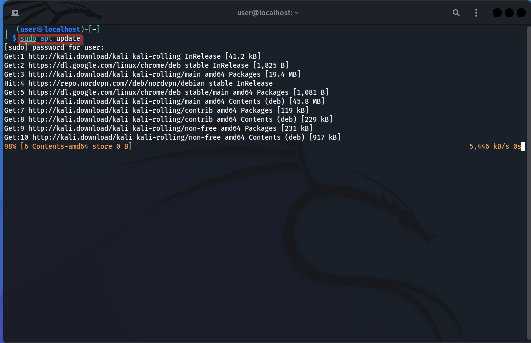 Showing the sudo apt update command being run to update the system before installation of Cockpit