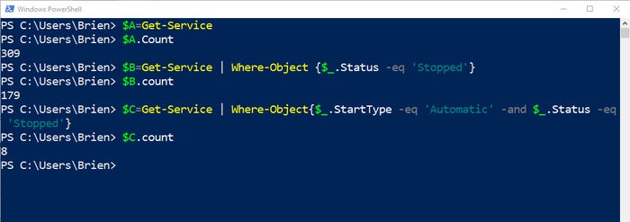 PowerShell screenshot shows the list of system services has been reduced to eight items