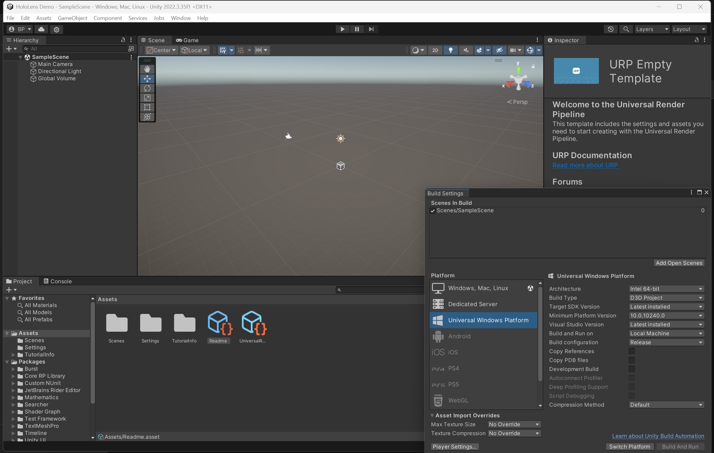 screenshot of Universal Windows Platform option is selected in Build Settings window