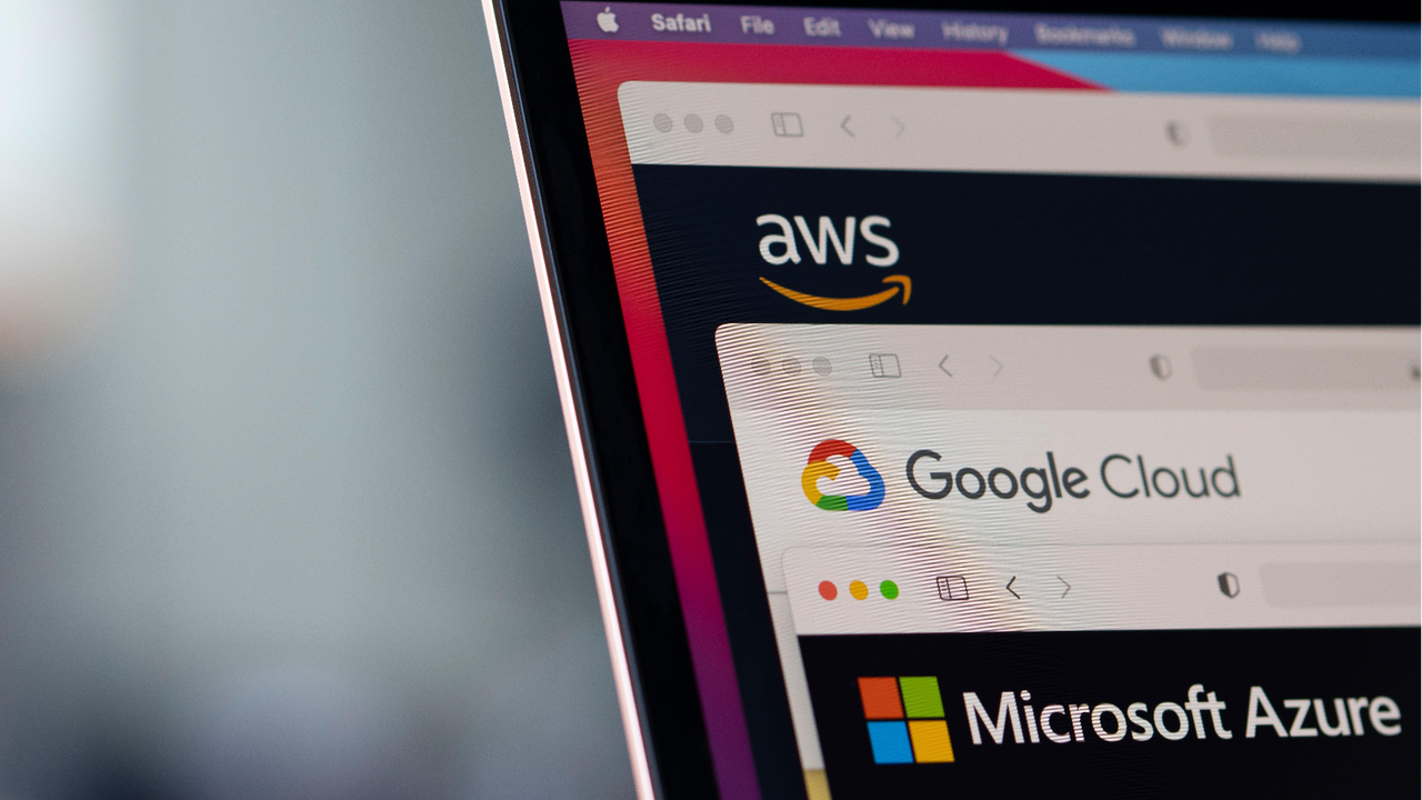 AWS, Google Cloud, Azure logos on screen AWS, Google Cloud, Azure logos on screen