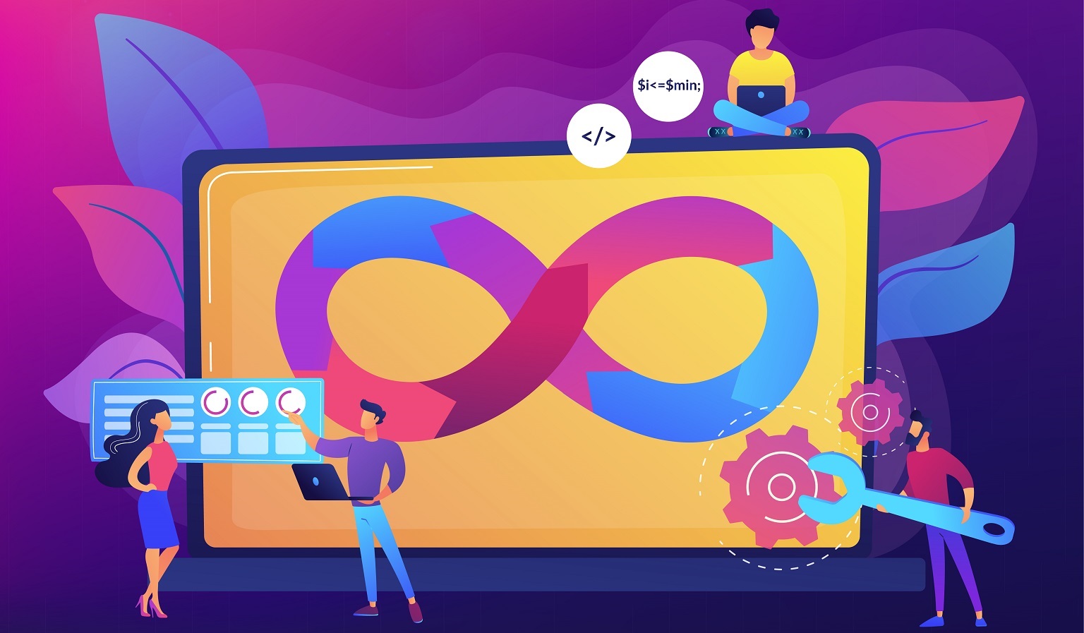Concept illustration showing team members around a laptop working on a continuous loop project