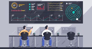Illustration of employees with screens with charts at control center