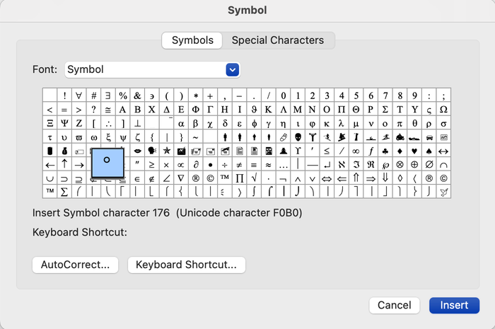 Screenshot of Advanced Symbol menu on Microsoft Word.