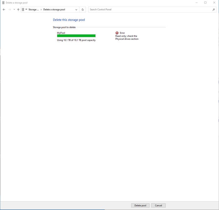 Windows screen with Delete Pool button Windows screen with Delete Pool button