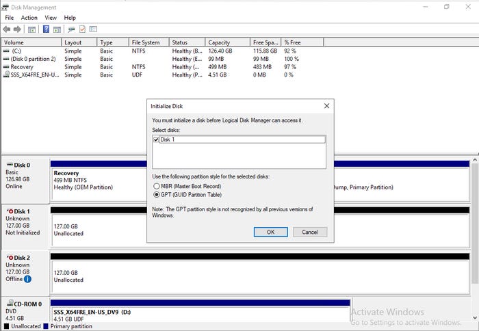 Screen shot of Windows Storage Replica's Initialize Disk function, with GPT (GUID Partition Table) enabled