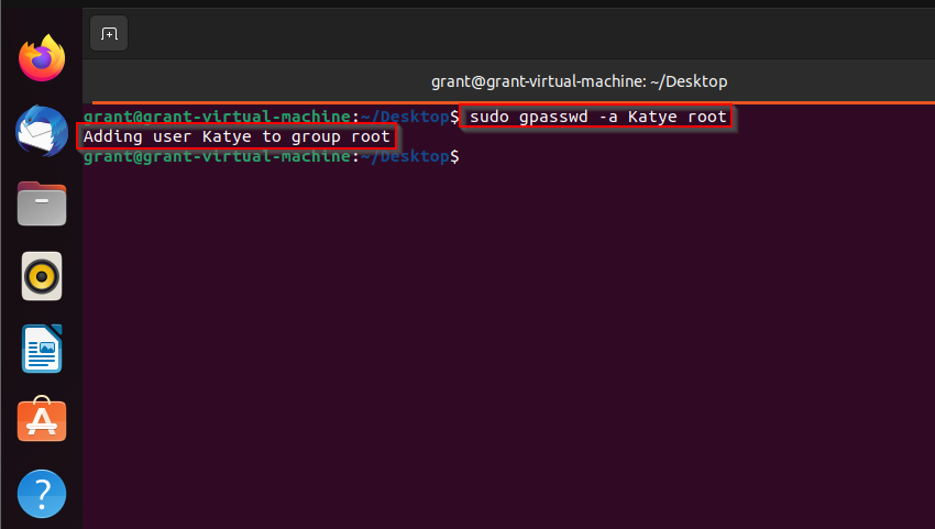 shows gpasswd command used in Linux terminal to add a user to the root group