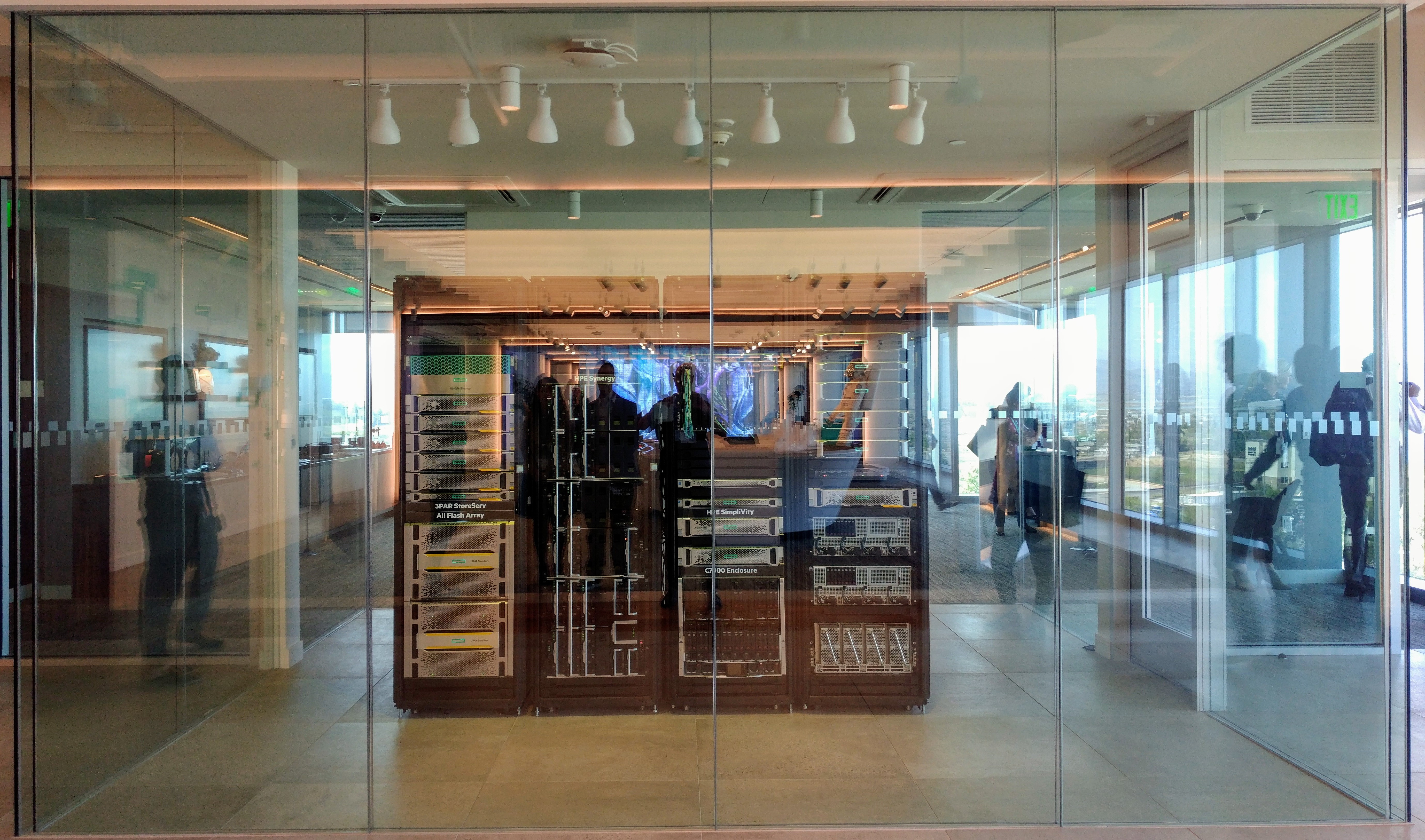 Racks of HPE hardware on display in the customer meeting center at the company's headquarters in San Jose, California