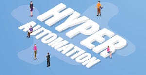 people standing around big "hyper automation" text