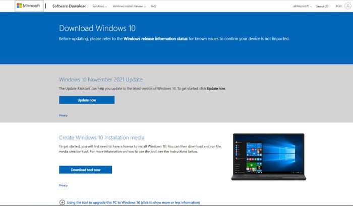 screenshot of Windows Media Creation Tool website screenshot of Windows Media Creation Tool website