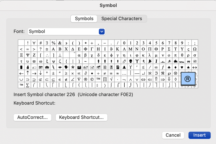 If you’re using Microsoft Word, you can also launch the Advanced Symbols Library from the Insert tab, locate the registered trademark symbol, and double-click it. If you’re using Microsoft Word, you can also launch the Advanced Symbols Library from the Insert tab, locate the registered trademark symbol, and double-click it.