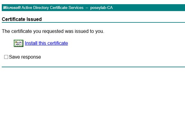 Screenshot of Microsoft Active Directory Certificate Services box showing certificate issued