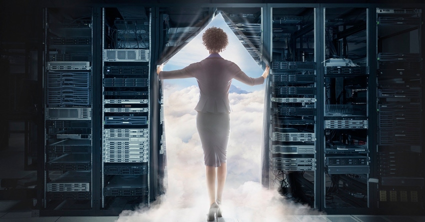 businesswoman walking into clouds