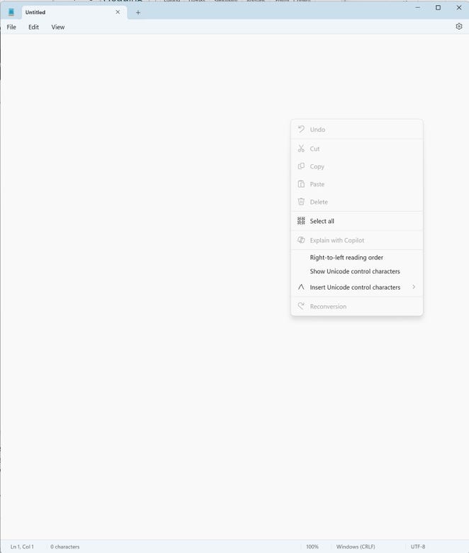 screenshot showing that the Notepad shortcut menu is the same as PowerShell shortcut menu