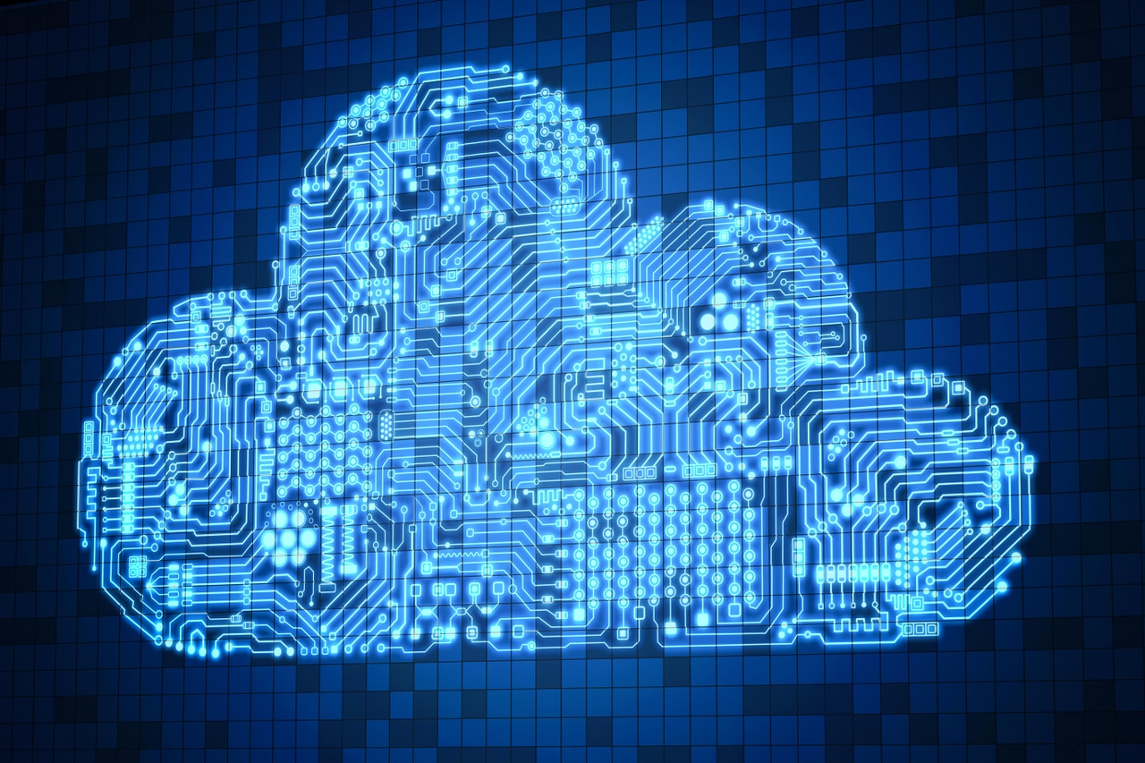 glowing cloud icon depicted in blue circuitry pattern glowing cloud icon depicted in blue circuitry pattern