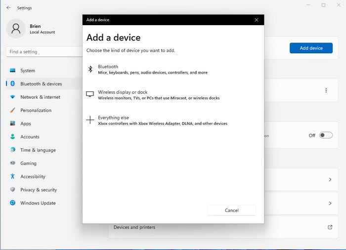 screenshot of the add a device screen on Windows 11