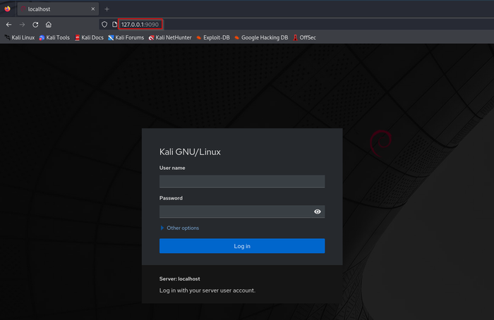 Showing the opening of the Cockpit web user interface on localhost and port 9090. Showing the opening of the Cockpit web user interface on localhost and port 9090.