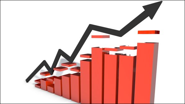 red bar graph progress chart with black arrow showing upward progress