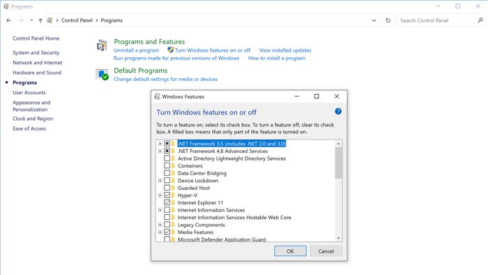 Screenshot of Windows 10 Program and Windows Features dialogue box