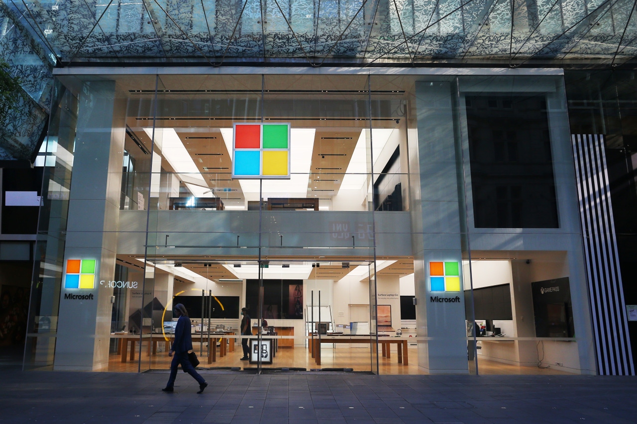 Microsoft logo on building façade Microsoft logo on building façade