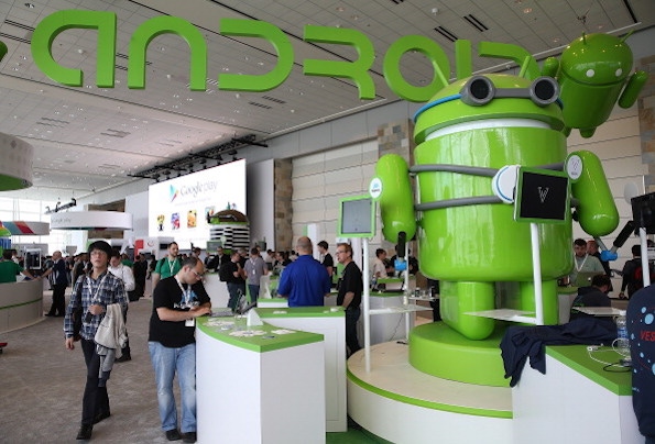 The Android mascot is on display in Moscone West, San Francisco The Android mascot is on display in Moscone West, San Francisco