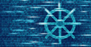 Kubernetes logo floating in code Kubernetes logo floating in code