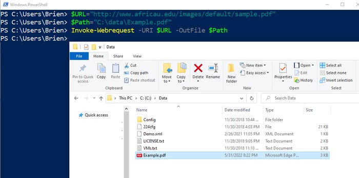Screenshot shows Invoke-WebRequest cmdlet used to download a file
