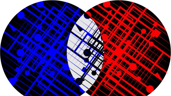 two black circles with blue and red lines overlapping in white two black circles with blue and red lines overlapping in white