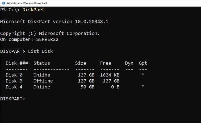 Screenshot of DiskPart utility showing three disks installed Screenshot of DiskPart utility showing three disks installed